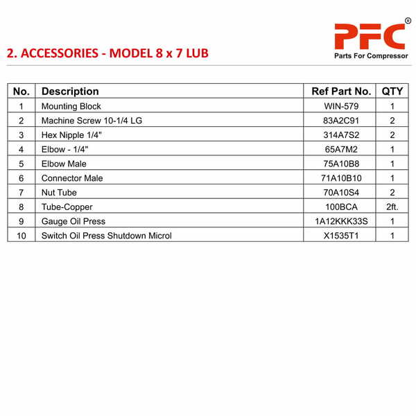 Accessories IR 8 X 7 ESV LUB Air Compressor Parts